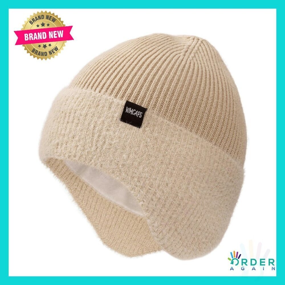 Winter Fleece Lined Beanie with Earflaps Unisex Thermal Knitted Hat Cozy